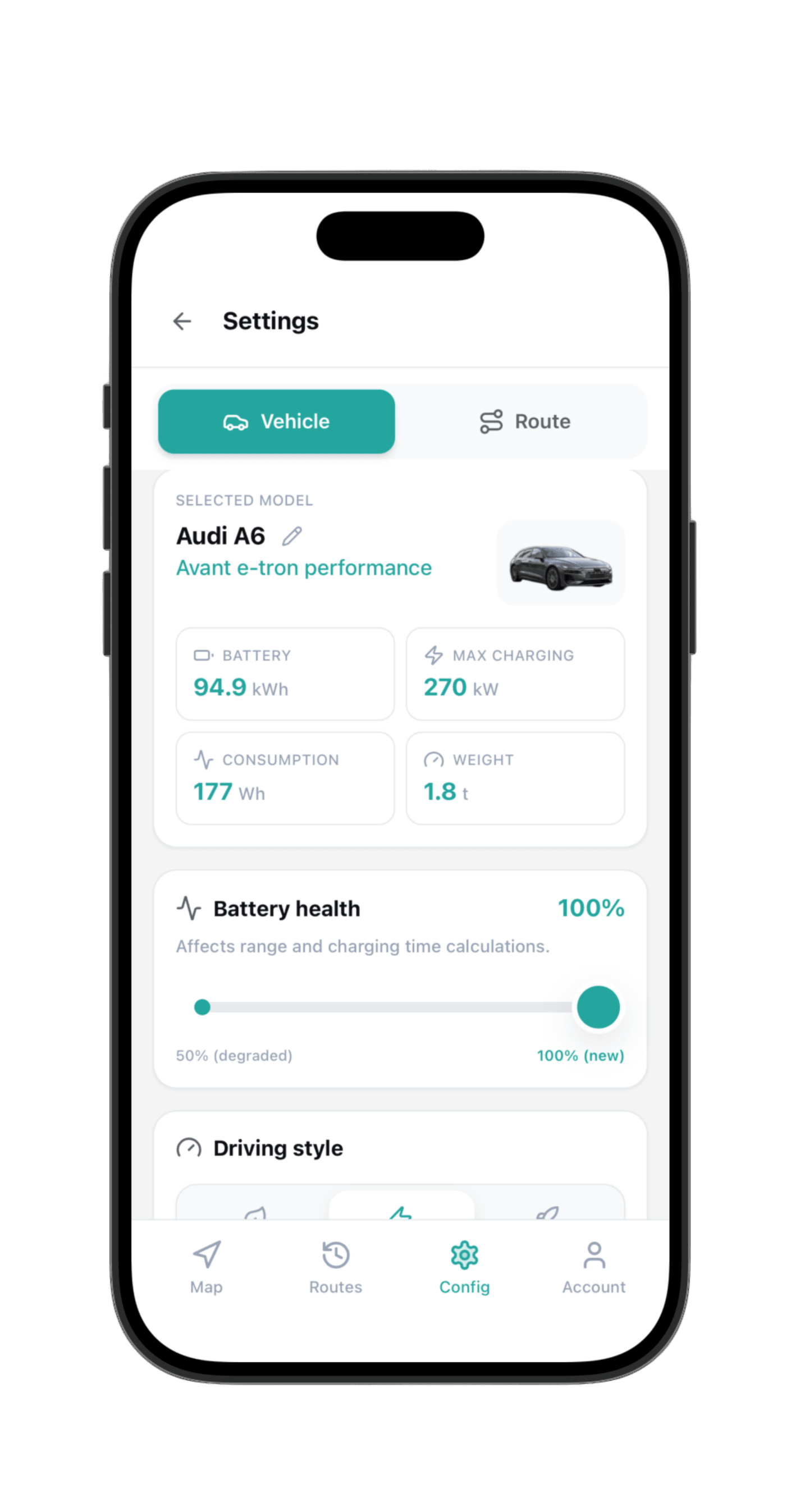Configuración de ruta en QuantumDrive con origen, destino y batería