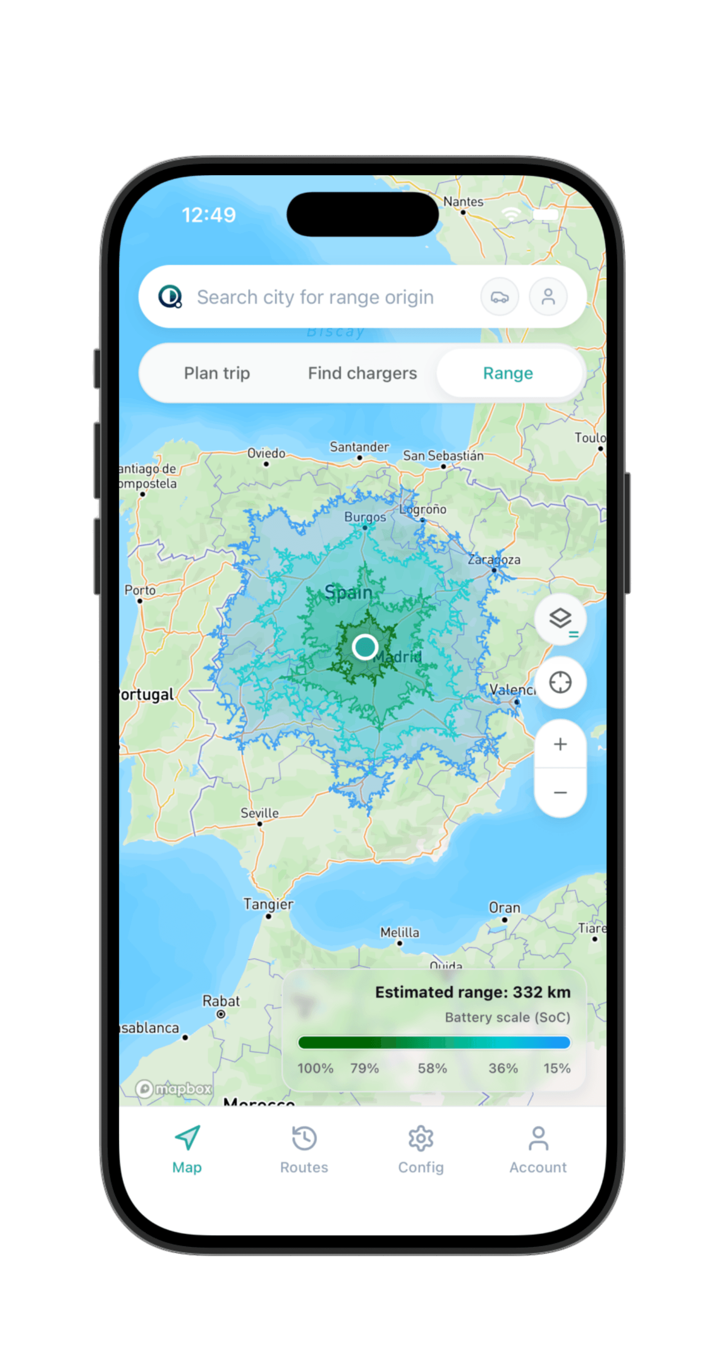 Mapa de alcance con batería actual en QuantumDrive