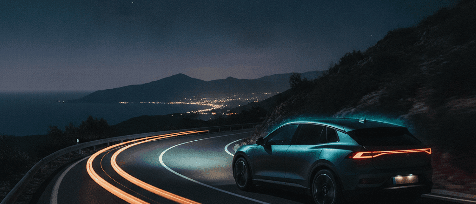 Coche eléctrico en una autopista de noche durante el reto E-Carrusel de 24 horas y 2.080 km