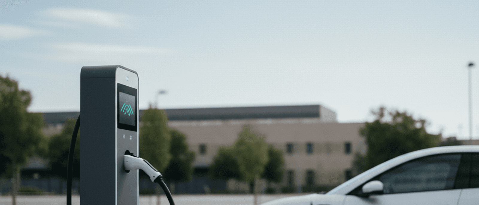 Cargador eléctrico moderno en primer plano con un coche eléctrico blanco aparcado en la bahía de recarga, entorno urbano español a media mañana
