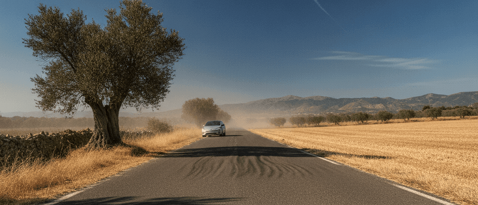 Coche eléctrico planificando una ruta de verano con calor, aire acondicionado, batería y puntos de recarga