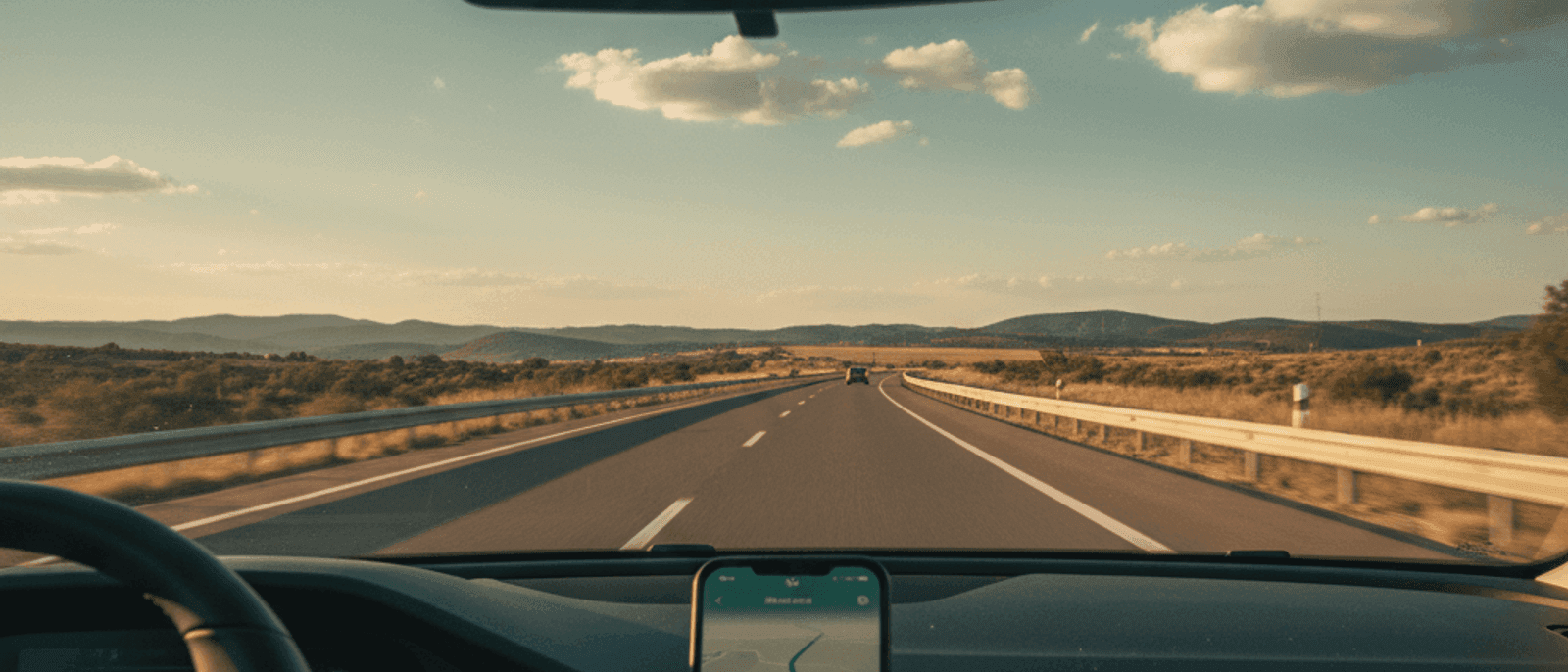 POV desde la cabina de un coche eléctrico con la app de navegación en el salpicadero y la carretera española al fondo al atardecer