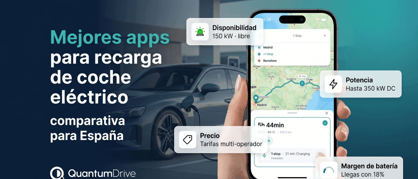 Comparativa de apps para recargar coche eléctrico con mapa de cargadores, potencia, disponibilidad y margen de batería