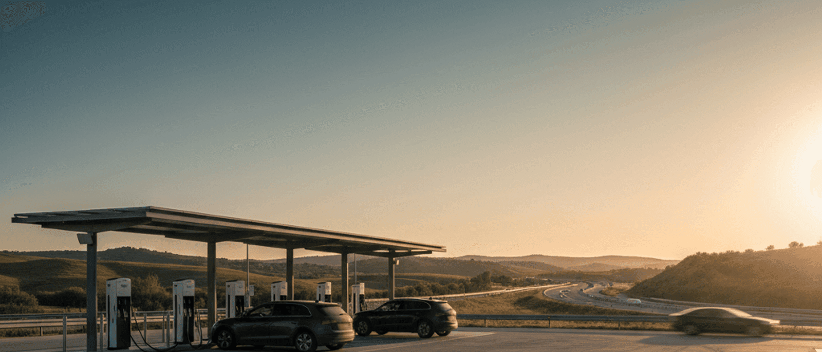 Hub de recarga ultrarrápida en autopista española al atardecer, atmósfera editorial y profesional