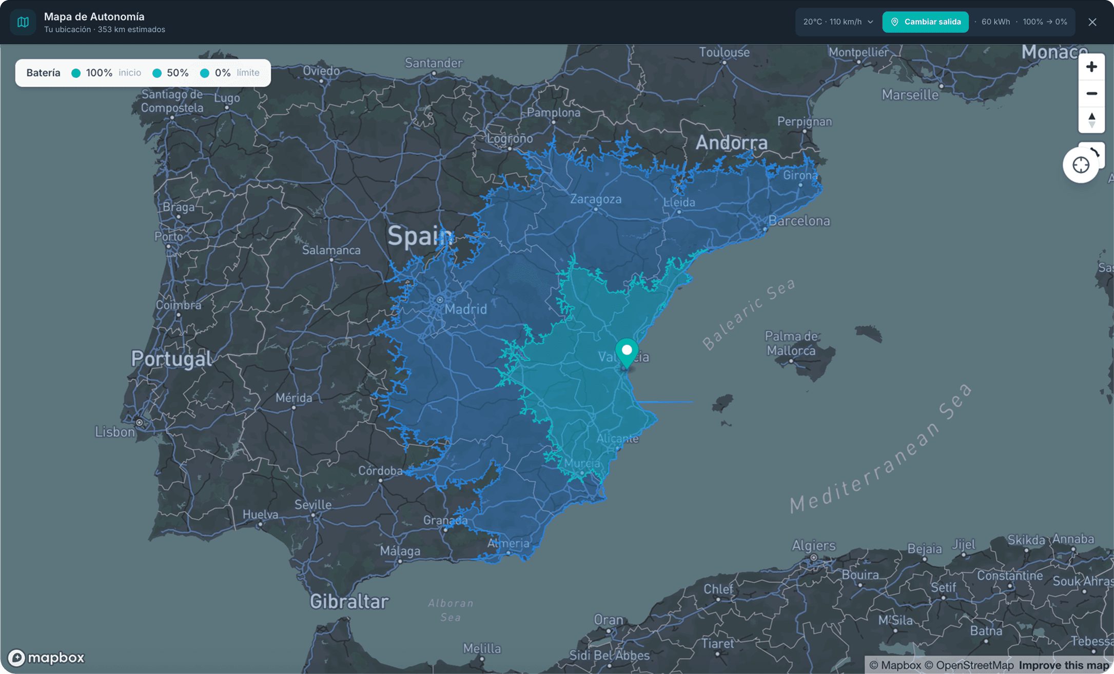 Widget Range Map mostrando autonomía real desde Madrid en mapa con isócronas