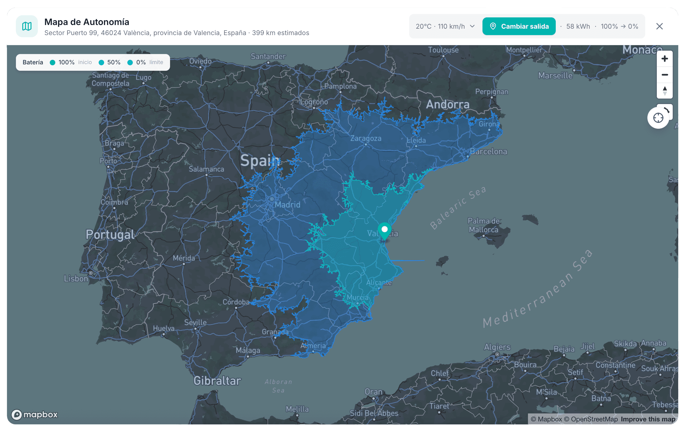 Widget de mapa de alcance mostrando autonomía real desde el punto de origen