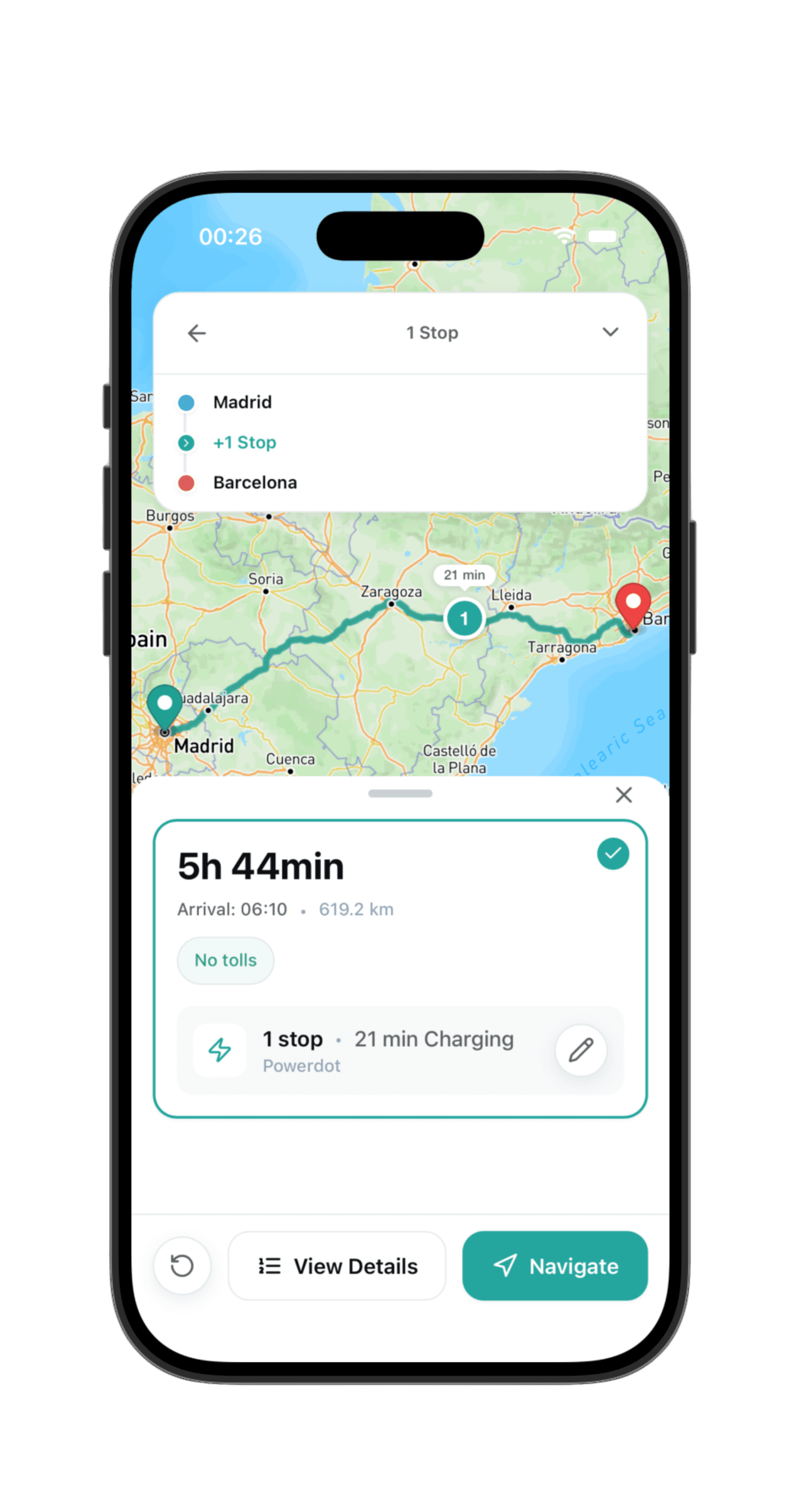 Planificador de ruta Madrid-Barcelona en la app QuantumDrive