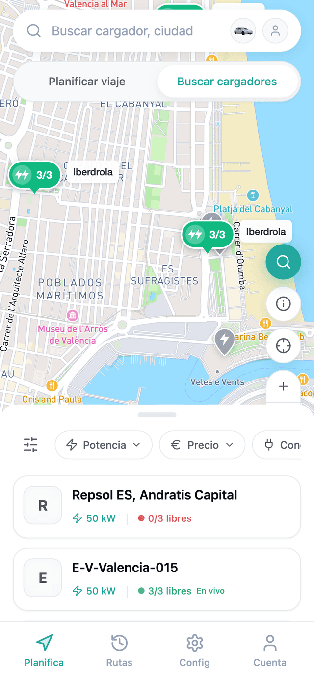 Captura de QuantumDrive: Búsqueda avanzada de cargadores