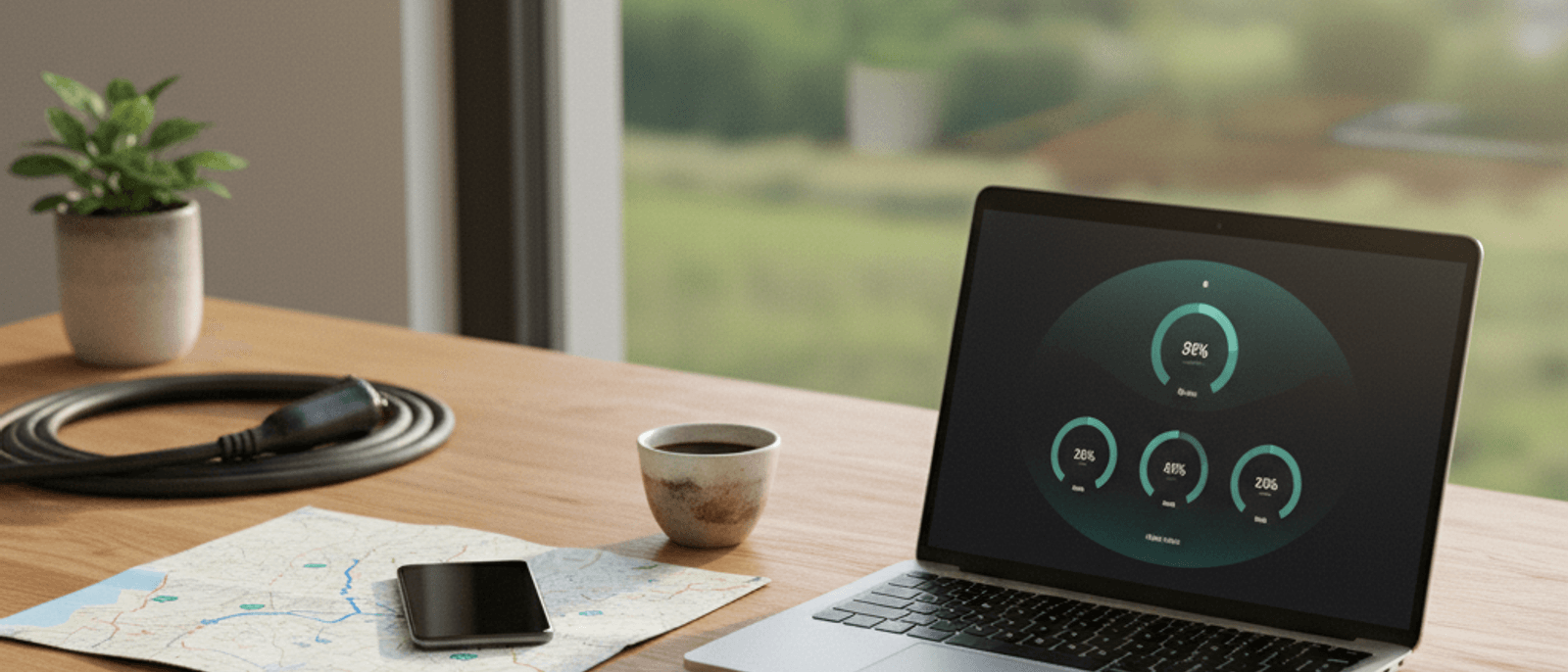 Escritorio editorial con un portátil mostrando un dashboard de autonomía en gauges teal, mapa de ruta, café y cable de recarga EV — entorno luminoso natural