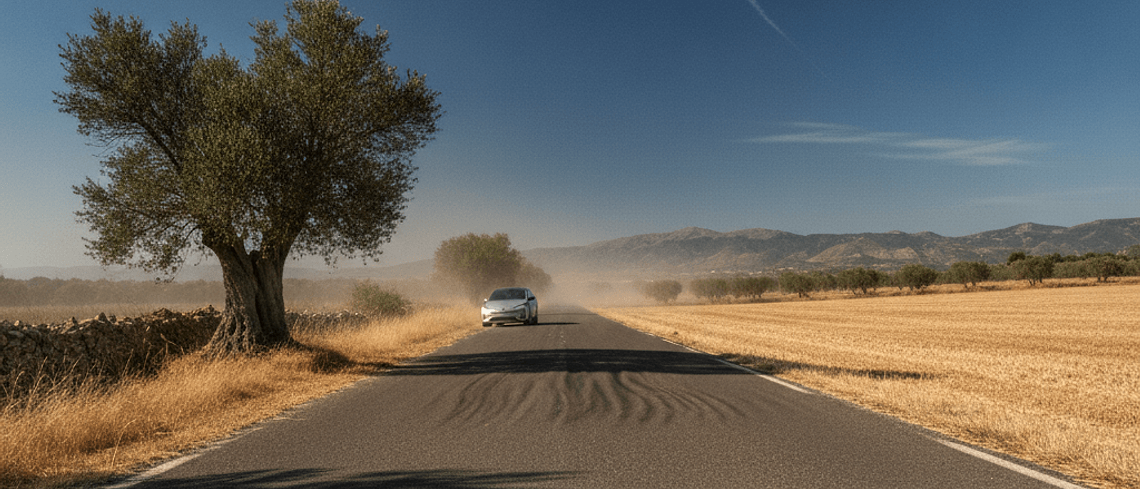 Coche eléctrico planificando una ruta de verano con calor, aire acondicionado, batería y puntos de recarga
