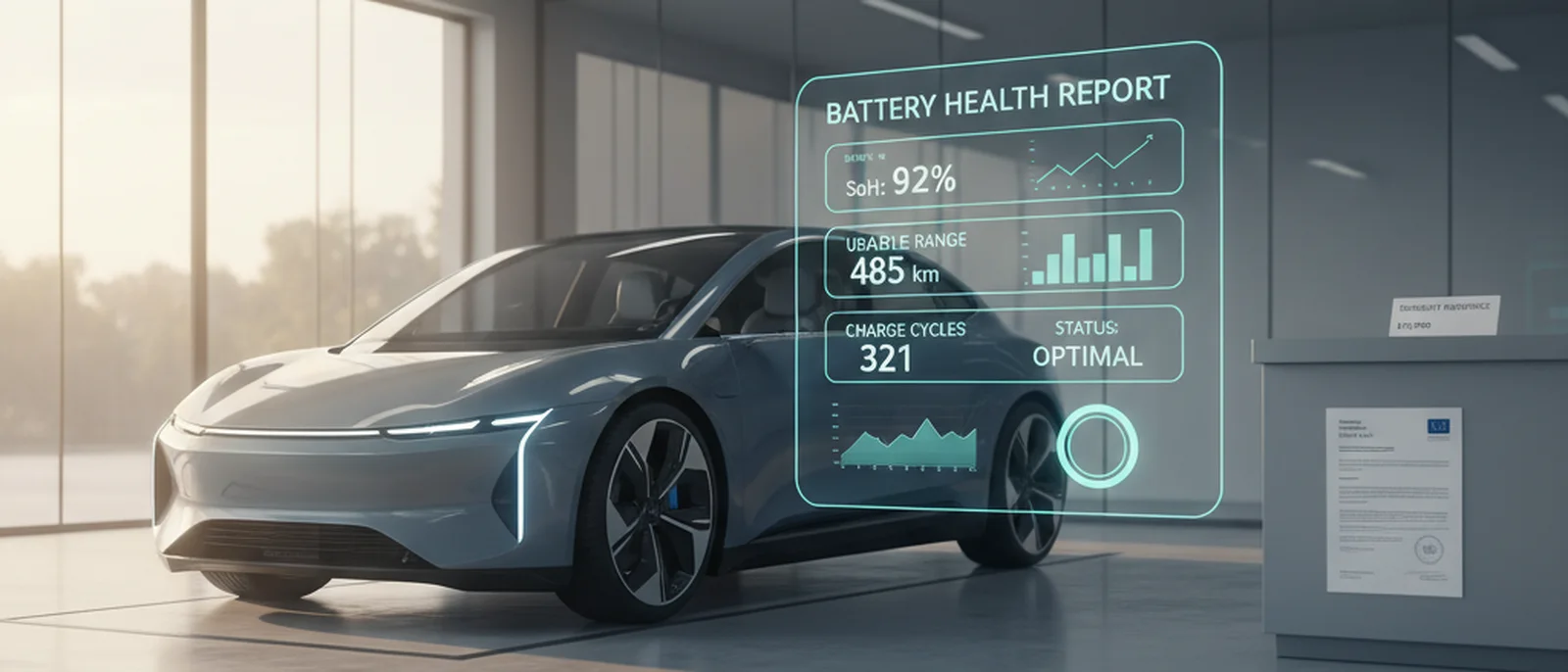 Coche eléctrico en una revisión con pantalla de diagnóstico y datos de salud de batería visibles.