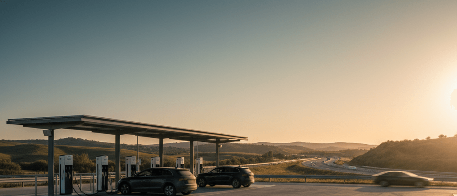 Hub de recarga ultrarrápida en autopista española al atardecer, atmósfera editorial y profesional